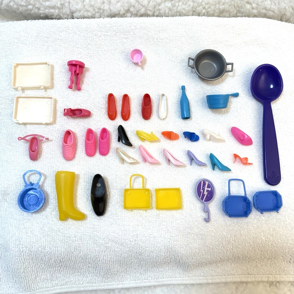 Vintage Barbie Accessories Lot 1980s Mixed Shoes Purses Utensils Mattel 37 Pcs